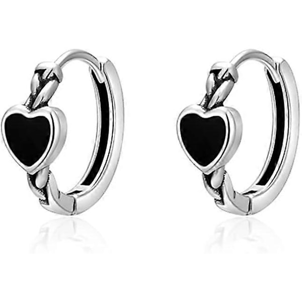 Svarta hjärtörhängen i sterlingsilver för kvinnor flickor, hjärtformade creoler
