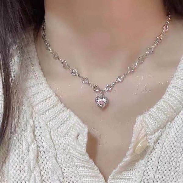 Boho Krystallhjerte Choker Halskjede Rosa Krystall Edelsten Hjerte Halskjede Choker Vintage Hjerte Edelsten Anheng Halskjede Hult Liten Kjærlighet Hjerte