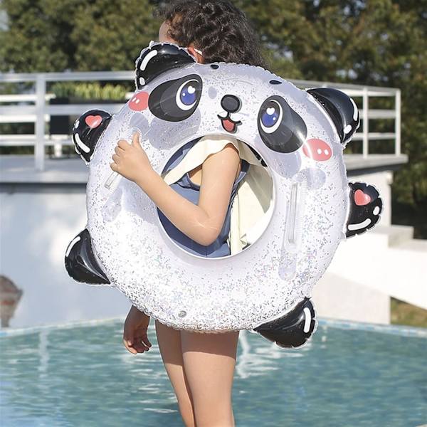 Svømmeringer Oppblåsbar Basseng Flyte Rør Paljetter Søt Panda Transparent Svømmering med Håndtak for Ring Tykk Vann Moro Leke Black