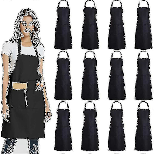 12-pack enfärgade förkläden med 2 fickor - Svart Unisex Kommersiella Förkläden Bulk A Black