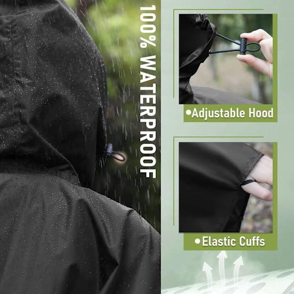 Regnfrakke til voksne, vandtæt udendørs hætte, poncho vandtæt til kvinder med lynlås, festivalponchoer vandtæt lang, vandtætte kapper plusstørrelse Pure Black