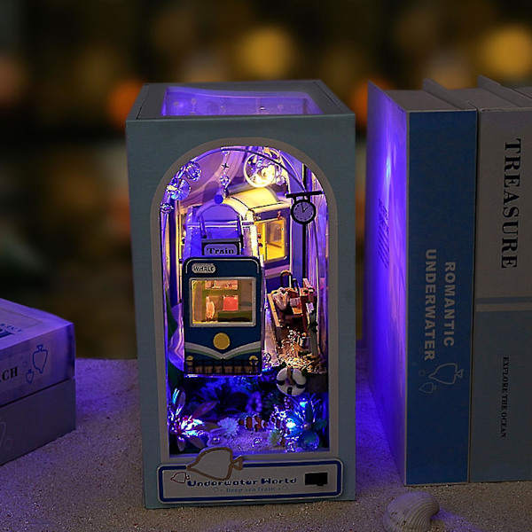 Bokhörna Kit DIY Bokhylla Insats Dekor 3D Pussel Miniatyr Träfågelbockar Med LED-Ljus Liten Bibliotek Hem Dockhus seabed