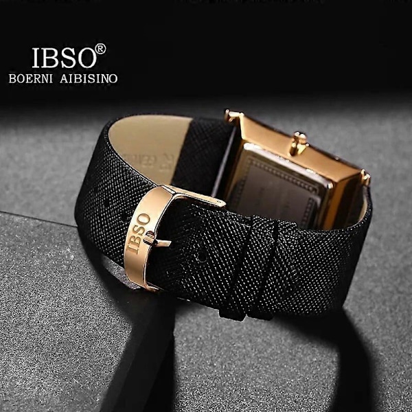 IBSO Ultratunn Rektangulär Urtavla Herr Quartz Klocka Lyxig Affärsstil Äkta Läderarmband Vattentät Nya Herrarmbandsur B2232B-WE-RG-BK