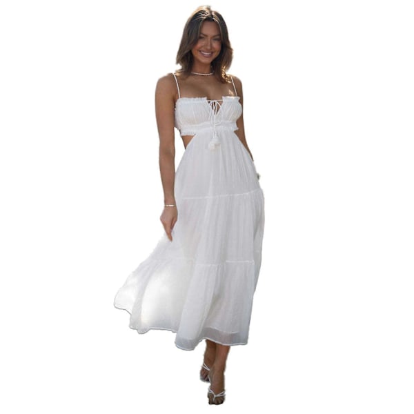 Dame Y2k Bodycon Lang Kjole Spaghetti Strop Lavt Skåret Kjole Sexet Rygløs Høj Slids Maxi Kjole Clubwear White L