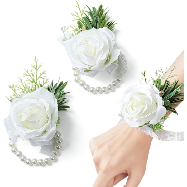 Bryllup Hvit Rose Håndleddsblomster Kunstige Roseblomster for Seremoni Ball Tilbehør 2pcs