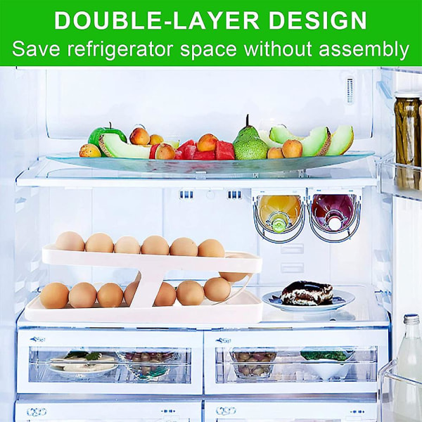 2-lags eggholder for kjøleskap, automatisk rullende eggbeholderdispenser, plassbesparende kjøkkenorganisering