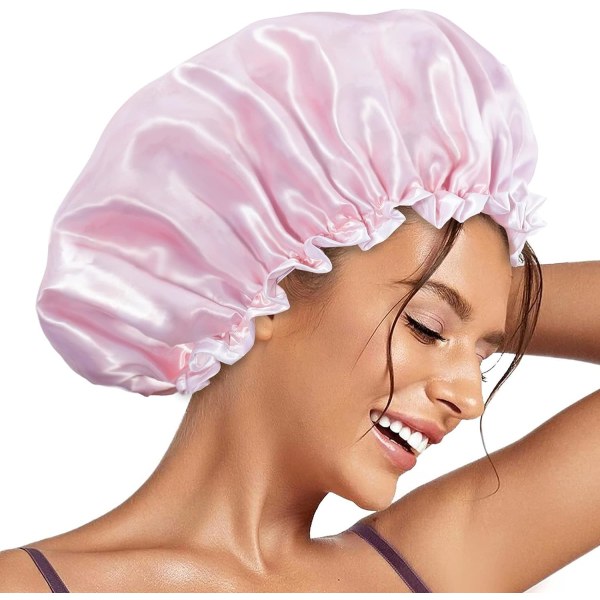Uudelleenkäytettävä cap naisille, kaksikerroksinen vedenpitävä cap, suuri koko kaikille hiusten pituuksille, Girls Spa -kotihoitoon (Pink Cloud)