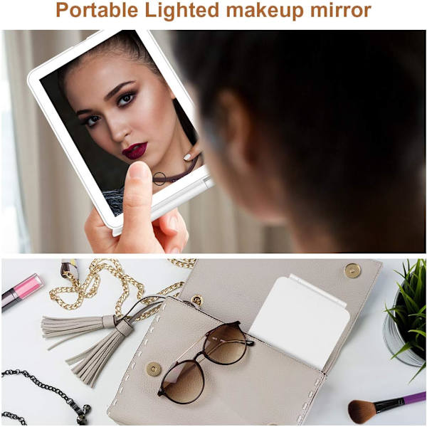 Genopladelig makeup-spejl, bærbar USB-forfængelighedsspejl med 3 farver 72 LED-belysning, touch-sensor-dæmpning, bordplade kosmetisk
