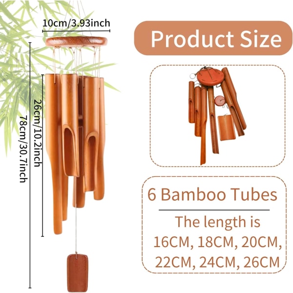 Bambus Vindspil, 6 Rør Træ Vindspil Udendørs & Indendørs, 75cm Træ Vindspil Perfekt til Have Gård Patio