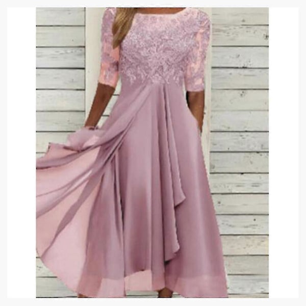Kjole med blondeapplikasjoner Midi Kort Erme Aftenkjoler Casual Allsidig Kjole for Bryllup Pink XXL
