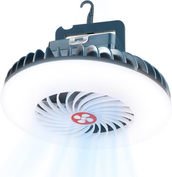 2-i-1 Campinglanterne med Ventilator, Bærbar Bordventilator og LED-lampe, Perfekt til Camping, Udendørs og Hjemme, Langvarig Belysning og Luftcirkulation