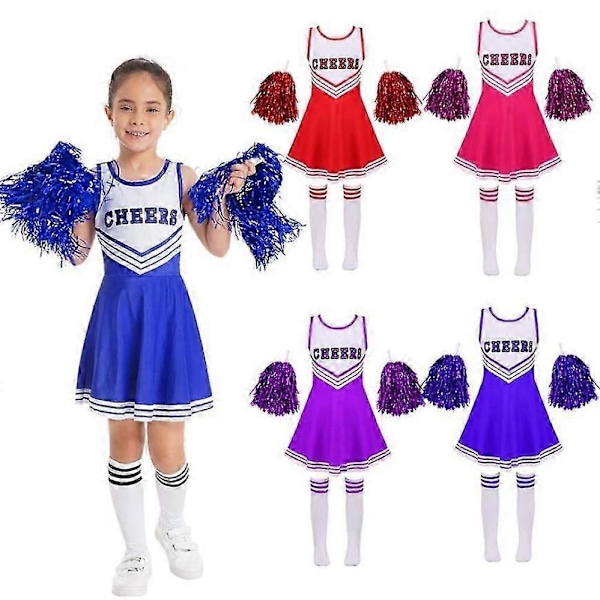 Jenter Cheerleading Uniform Dansekostyme Barn Cheerleader Antrekk Rund Halsutringning Lappeteppe Stil Dansekjole Blomst og Sokker red 3-4 Years