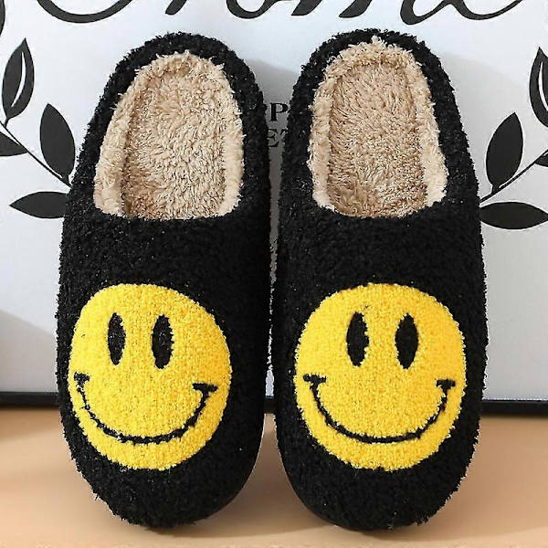 Leende Ansikte Plysch Bomulls Tofflor Kvinna Hem Söt Tjockt Sula Cartoon Non-s IKD Black 39-40