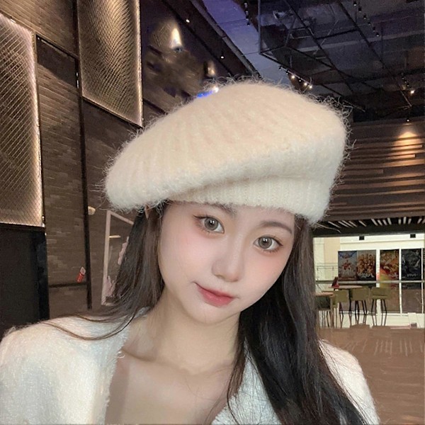 Beret Hat Efterår Vinter Kanin Plys Knittet Åndbar Stilfuld All-match Ensfarvet Elastisk Malerhat Beige One Size