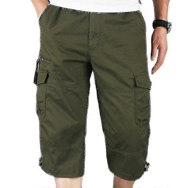 Miesten 3/4 pitkät joustavavyötäröiset shortsit Cargo Combat kolmeneljänneshousut Army Green 2XL
