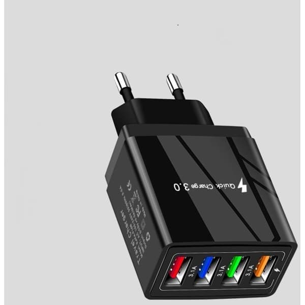 15W 4-ports USB multilader, vegglader, strømadapter, USB-ladeportadapter, reiseladehode, trådløs lader - Helt svart