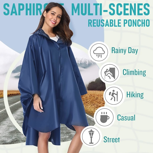 Regnfrakke til voksne, vandtæt udendørs hætte, poncho vandtæt til kvinder med lynlås, festivalponchoer vandtæt lang, vandtætte kapper plusstørrelse Deep Blue