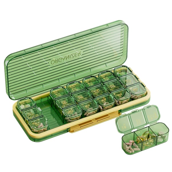 Pilleboks 3 Ganger Om Dagen, Stor Pilleeske 7 Dager, 21 Rom Daglige Medisinbeholdere for Vitaminer, Kosttilskudd, Fiskeoljer Green