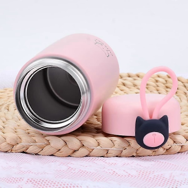 Katt Isolert Vannflaske, 270 ml Rosa Drikkeflasker Søte Termoser i Rustfritt Stål for Barn Jenter, Mini Tegneserie Vannflaske, Lekkasjesikker Vakuum Reisekrus
