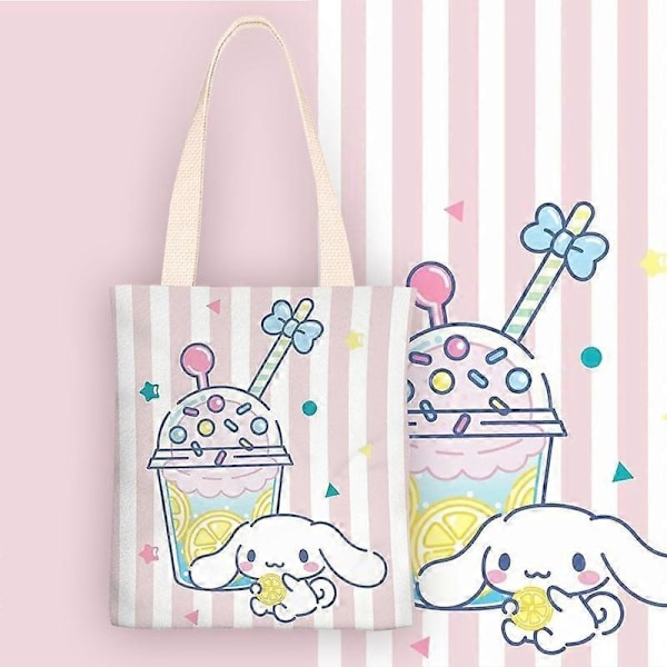 Handväska Sanrio Cartoon Axelväska med Ficka med Dragkedja Cinnamoroll Anime Tryckt Canvas Vattentät Flickors Handväska Shoppingväska