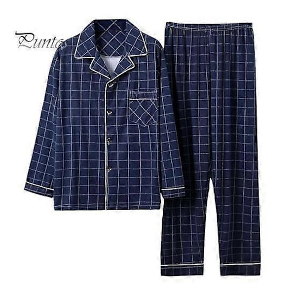 2 stk./sæt Herre Pyjamas Sæt Plaid Print Revers Langærmet Enkeltknappet Skjorte Elastisk Talje Lange Bukser Sæt Løs Pasform Loungewear Sæt dark blue XXXL