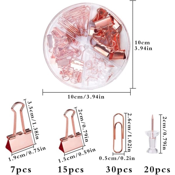 72-delt sett med kontorrekvisita, inkludert 22 bindersklips/30 bindersklips/20 trykknapper, skolepulttilbehør arrangør med boks Rose Gold
