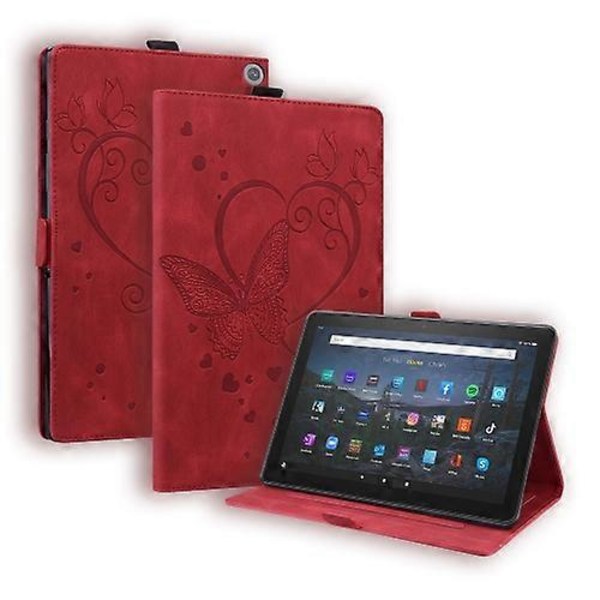 Amazon Fire HD 10 Plus 2021 / HD 10 2021 -laitteelle sopiva vaaka-asennossa avattava nahkainen suojakotelo, jossa on rakkausperhonenkuvio ja teline Red