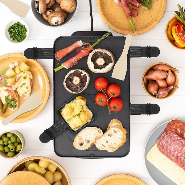 4 st Coupelle Raclette Grill och 4 st Raclette Spatlar i Trä Polon Raclette Grill Non-Stick Gjutjärn Mini Tallrik med Isolerat Handtag