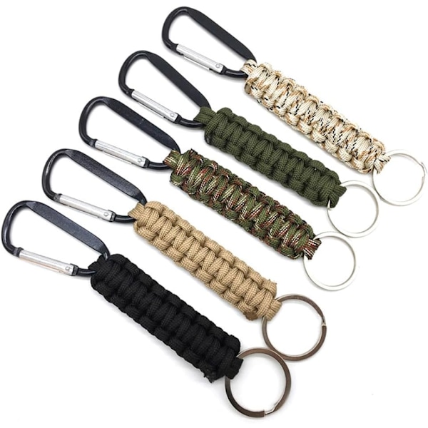 5 st Paracord nyckelringar med karbinhakar, flätad snodd nyckelring med låsbara D-ring krokar hängare, Duty Paracord snodd