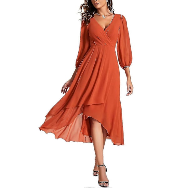 Chiffon Forår V-hals Lange Ærmer Plisseret A-Linje Midi Længde Bryllupsgæst Kjole til Kvinder Orange 2XL
