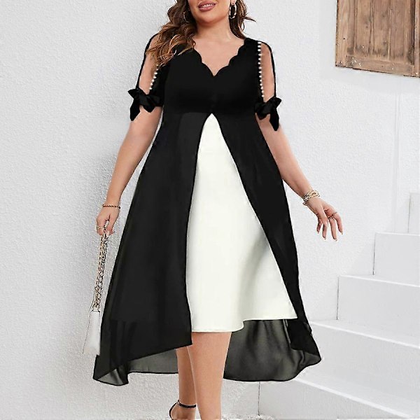 Forår Sommer Plus Size Dametøj Elegant Mode Off Shoulder V-hals Patchwork Chiffon Faux To Delt Uregelmæssig Kjole black M