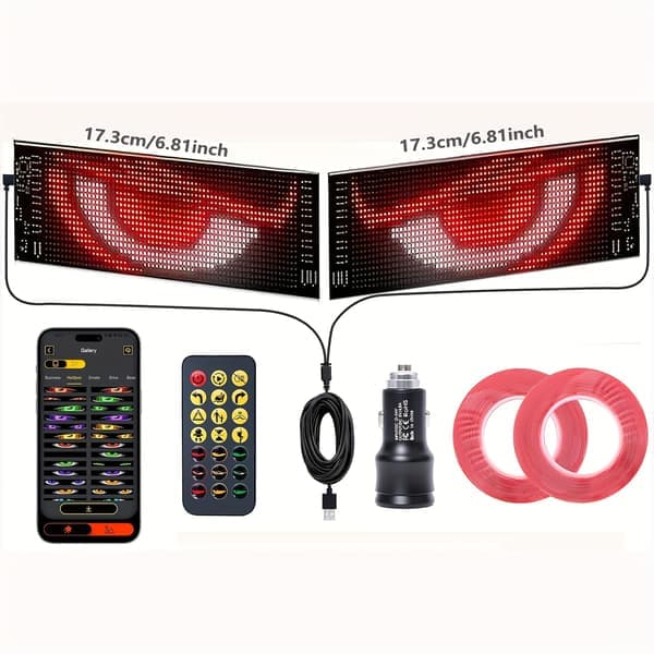 2 stk programmerbart Devil Eyes bilsystem med app/fjernkontroll, dobbeltskjerm synkroniserte animerte LED-øyne (/IR) S-2 STK