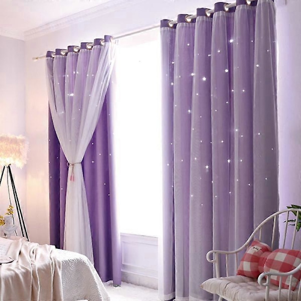 Stjerneutskjæring Vindusgardin Mørkleggingsgardiner For Barn Jenter Soverom Stue Dobbelt Lag Stjerne Vindus Mørkleggingsgardiner Hjemmeinnredning purple W100xH250cm