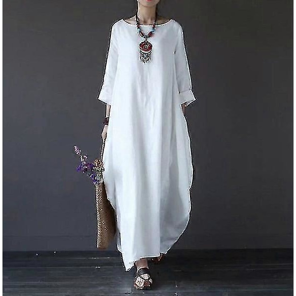 Sommerkjole til Kvinder Langærmet Løs Bomuld Hør Lang Kjole til Hverdag White 2XL