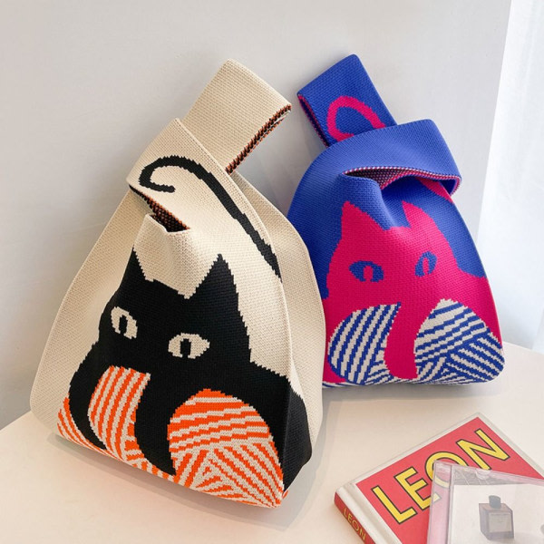 Håndlaget Cat Knit Handbag Dame Mini Tote Bag Shopping Bags blue