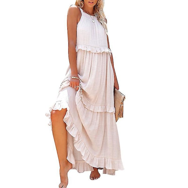 Halterneck Ärmlös A-linje Klänning för Dam, Casual Lång Strandklänning Beige S