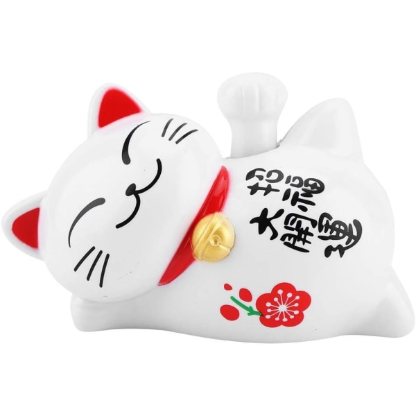 Aurinkoenergialla toimiva Maneki Neko Lucky Cat, Fortune Tervetuloa heiluttava käsivarsi laiska makaava kissa Rikkaus Fortune Cat Feng Shui -sisustus kotiin, kauppaan, valkoinen