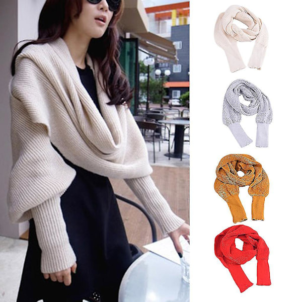 Vinterstrikket pledd med lange ermer for kvinner - Sjalwrap med ermer - Ensfarget heklet genser skjerf - Multifunksjonell poncho kappe halsvarmer Coffee