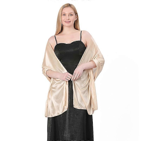 Dam Silke Satin Lång Sjal Omlott Lätt Solid Aftonklänning Bröllopssjal Champagne Gold