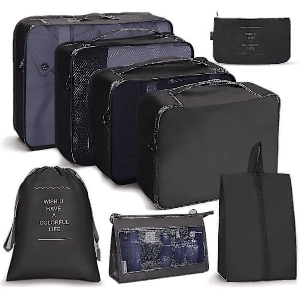 8-pack resväska organizer set - förvaringsväskor, packkuber, presenter svart Black
