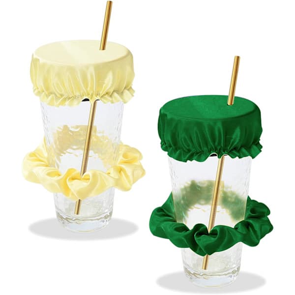 (sæt med 2) (grøn + gul) med drikkedæksel, Drikkedæksel Scrunchie