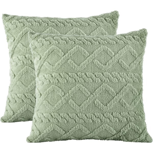 2 stk. bløde plys grønne pudebetræk 45x45cm firkantede pudebetræk med korte fluffy kunstige uldpuder til sofa soveværelse stue