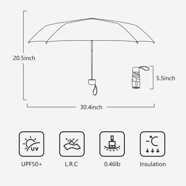 Mini paraply med UPF50+ beskyttelse, letvægts kompakt paraply til kvinder og børn, bærbar UV paraply med opbevaringsboks, Dame håndtaske størrelse Black