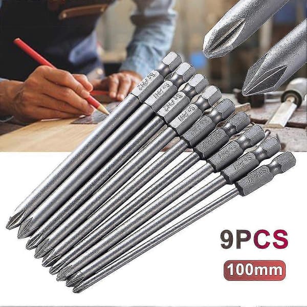 9 stk. S2 Stål 100 mm 1/4 tomme Hex Magnetisk Ph1 Ph2 Krydshoved Skruetrækker Bits Sæt