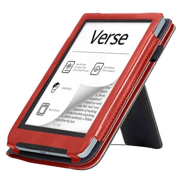 Skyddsfodral med stativ i PU-läder för PocketBook Verse PB629 E-läsare, automatisk väckning/sömn Red