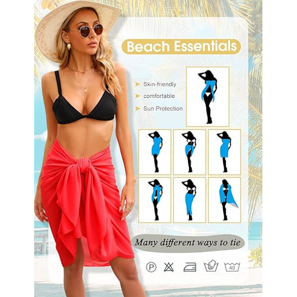 Strandkjole til kvinder, stranddækken, chiffon sarong, bikini cover up til badetøj, langt tørklæde, wrap, halv strand pareos til sommer Red