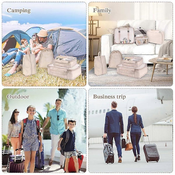 8 stk. Pakkekuber Bagasjeoppbevaring Organizer Kompresjons Koffert Reiseveske Beige