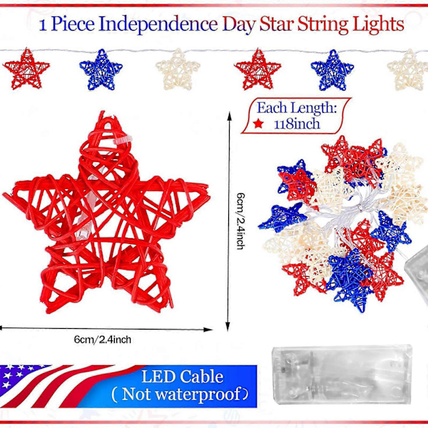 Juldekorationer Självständighetsdag String Lights Dekorationer Rattan Stjärnor Patriotiska Ljus Batteridrivna LED String Lights Utomhusbelysning