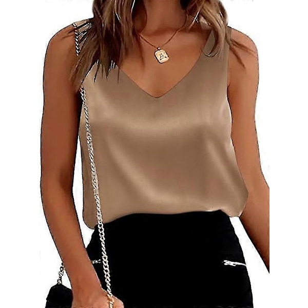 Dam Silke Satin Tanktoppar V-ringad Casual Cami Ärmlös Linne Blusar Khaki L