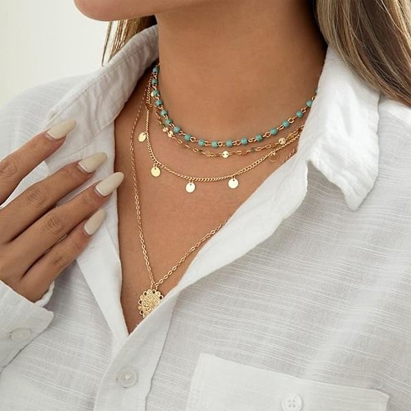 Flerskiktade Boho-halsband för kvinnor Trendiga guldpläterade flerskiktade halsband Stack Bohemian Turkos Pärlhalsband